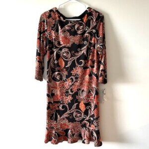 Sandra Darren Black Floral Dress with Ruffle Hem and 3/4 Sleeves